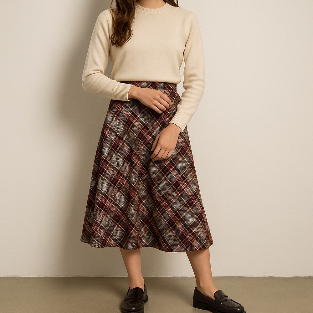 Vintage 70s Plaid Midi Shirt Size 14 26" Brown Red Wool Academia John Meyer